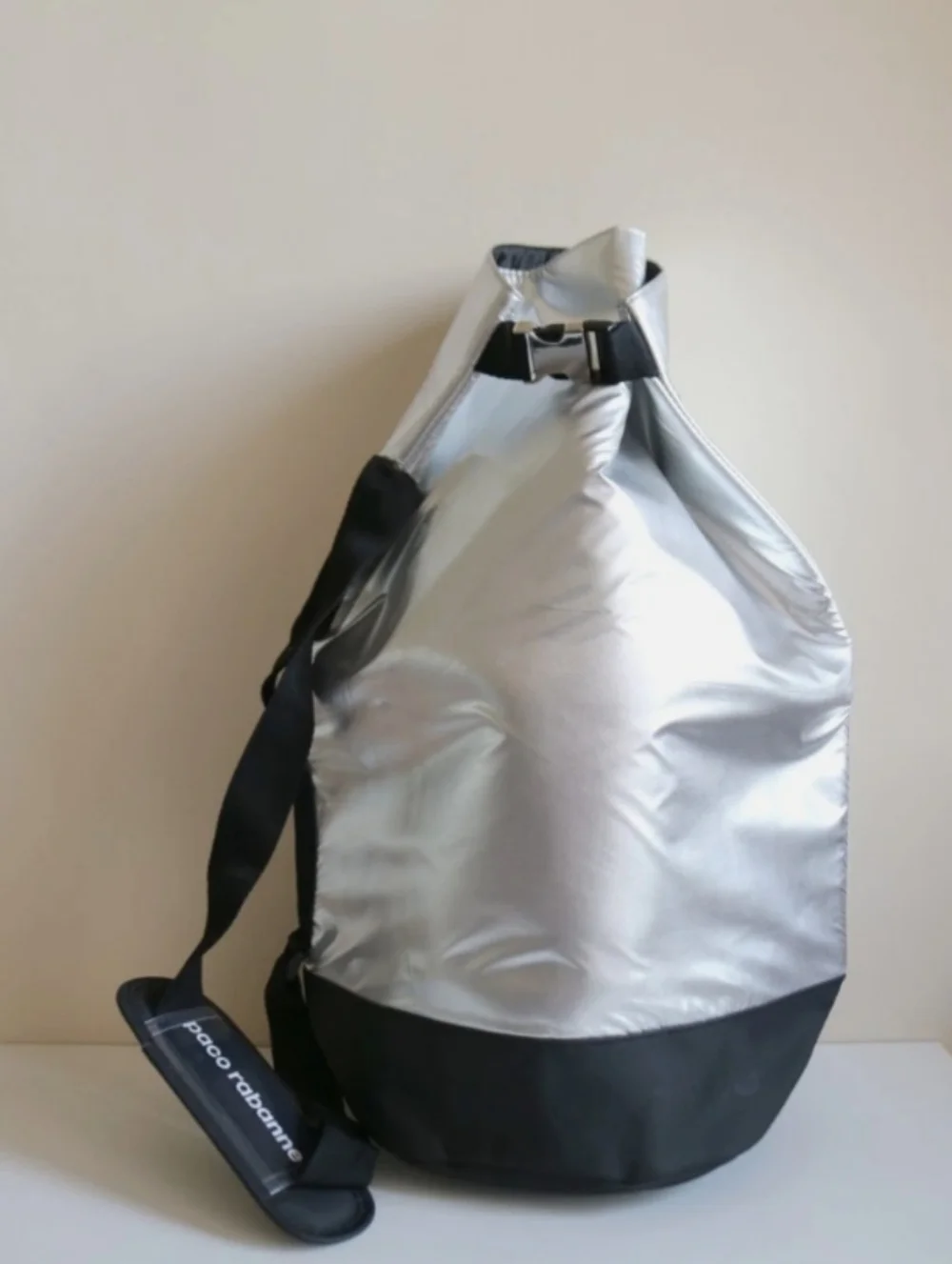 Paco Rabanne Metallic Silver Roll-Top Shoulder Duffle Bag with Black Accents